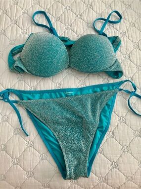 Calzedonia Cobey lurex Teal Shimmer Push-Up Bikini Set